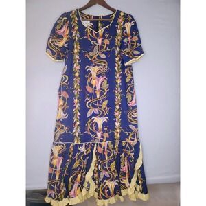 Kalaheo Vintage Hawaiian Maxi‎ Dress Large Blue/Yellow Ruffle Hemline Floral